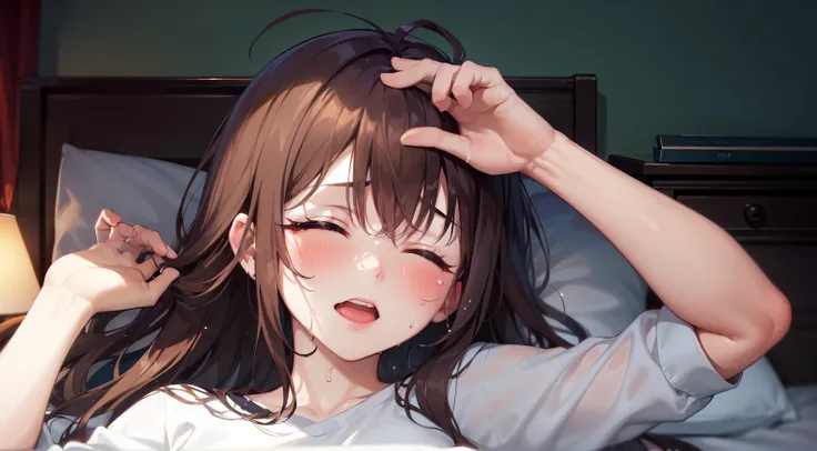 Masterpiece, Top quality, Beautiful girl, High school student, Eyes closed, Eyelashes delicate, Red cheeks, Sweating, Looks distressed, Messy hair, Bed, White sheets