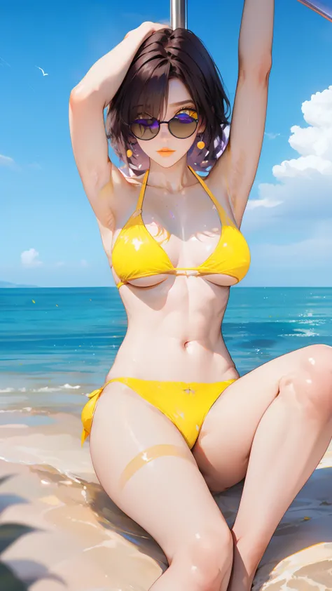 Kafka, purple hair, eyewear on head, sunglasses, 
BREAK ((yellow bikini:1.5))
BREAK pole dancing,
BREAK (masterpiece:1.2), best quality, high resolution, unity 8k wallpaper, (illustration:0.8), (beautiful detailed eyes:1.6), extremely detailed face, perfec...