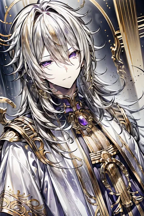 1boy, (masterpiece, best quality), (anime), (adult), blonde hair, golden wreath, roman theme, white and purple robes, intricate ...