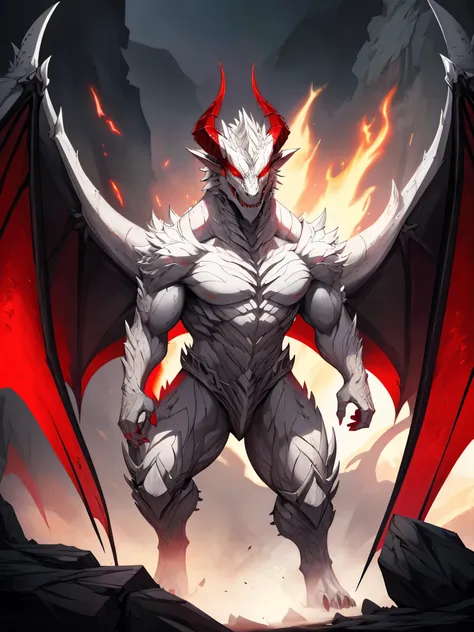 demonic white dragon, full body, extremely detailed, white scales, sharp horns, glowing red eyes, powerful wings spread, menacing expression, cinematic lighting, dramatic atmosphere, dark fantasy, muted tones, moody, red eyes, feral