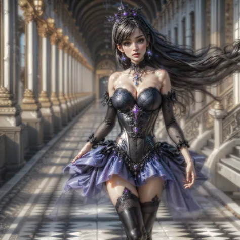 (Extreme HDR) (brightness FX) Photo of an asian woman gigantic Breast white skin with long hair flowing in the wind, wearing a black batik patterned costume, a V-cut strapless corset style batik dress made of carbon patterned satin, a very narrow and stiff...