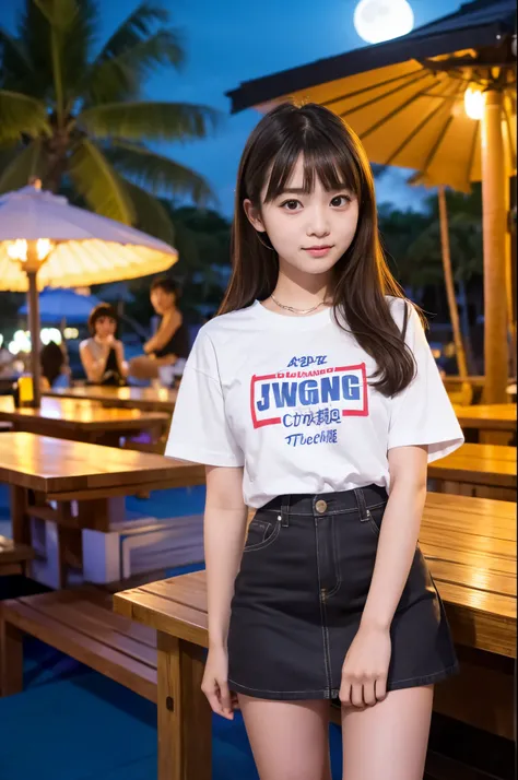 A girl (Twenty years old, Japanese cute face) are wearing Tshirts, mini skirt at the moon night beach bar