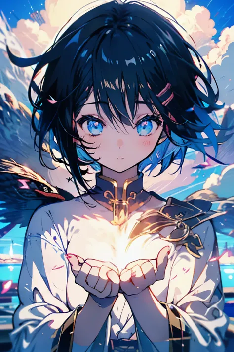 Anime-style girl praying with hands together towards the sky and eyes completely closed。Short black hair。From the side。