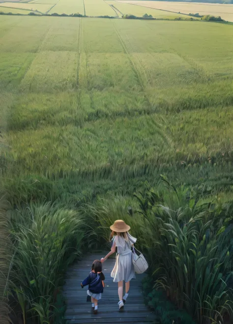 araffe walking on a boardwalk with a child In the fields, Walk on the grass, Standing in the tall grass, walking in the wheat field, In the fields, On a large green field, In an empty green field, Beautiful mother walking in the wheat field, Holding a，Stan...