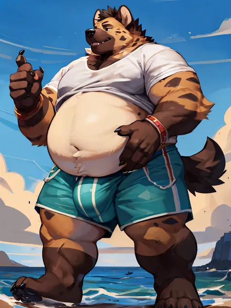 (two characters),4k ultra quality, 4k half body view,ultra high detailed body,kemono (hyena),cute face,wide body,charming body,chubby body,chubby face, big belly, (round belly), hyper belly, enormous belly, enormous body,by mystikfox61, by glitter trap boy...