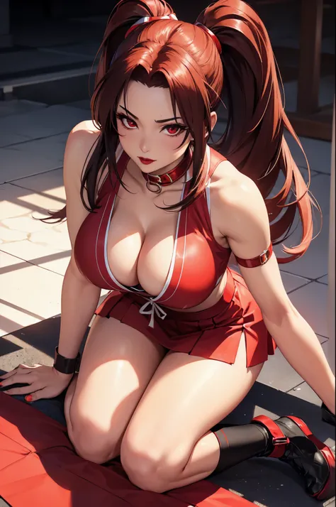 woman, Mai Shiranui, red lipstick, black collar, eyeliner, realistic lighting, short skirt. seductive look, Big breast,  sleeveless. All-fours.