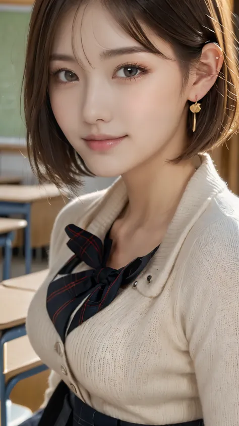 (A beautiful and cute high school girl in a school uniform is in a high school classroom during lunch break, She is wearing a blazer and a plaid pleated skirt as her uniform, with a red ribbon accent around her collar:1.3), 
BREAK 
(Photorealistic, 32k, RA...