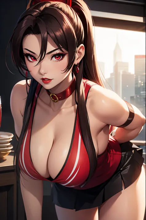 woman, Mai Shiranui, red lipstick, black collar, eyeliner, realistic lighting, short skirt. seductive look, Big breast,  sleeveless. All-fours.