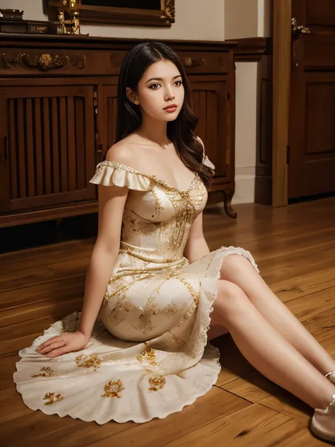 there is a woman sitting on the floor in a dress, rococo dress, # rococo, rococo queen, dress in the style of rococo, rococo fashion, rococo ruffles dress, victorian style costume, victorian inspired clothing, with victorian clothing, in victorian aristocr...