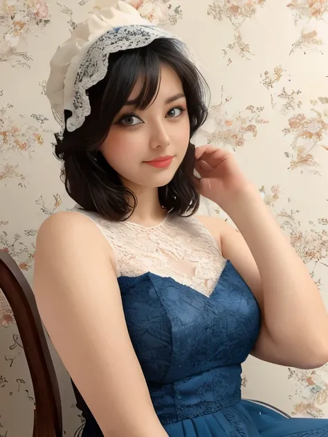 Wearing a vintage-inspired blue and white dress adorned with lace and ribbons, she sits gracefully with one leg extended and her hand resting on her cheek. Her ensemble is complemented by a matching bonnet adorned with elaborate feathers. The background fe...