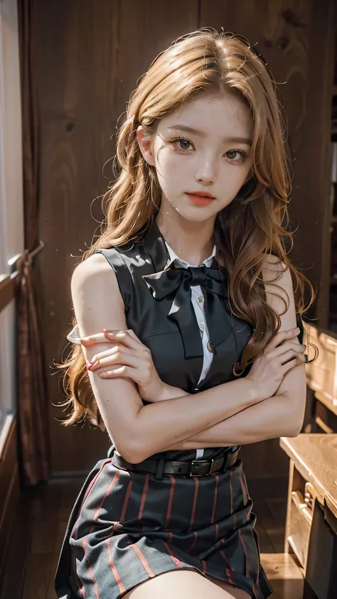 Girl wearing, luxury school uniform, shoulder length hair, wavy hair, expensive hair style, glowing skin, star in eye, red lips, crowded school background, cute poses , blonde hair.