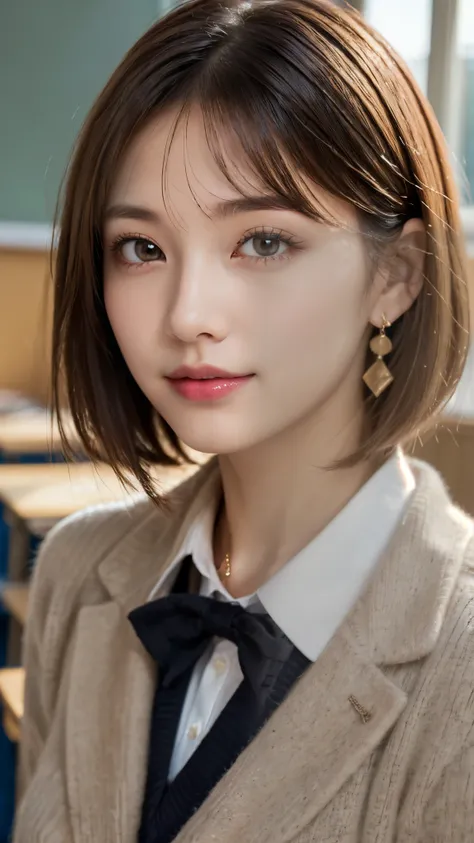 (A beautiful and cute high school girl in a school uniform is in a high school classroom during lunch break, She is wearing a blazer and a plaid pleated skirt as her uniform, with a red ribbon accent around her collar:1.3), 
BREAK 
(Photorealistic, 32k, RA...