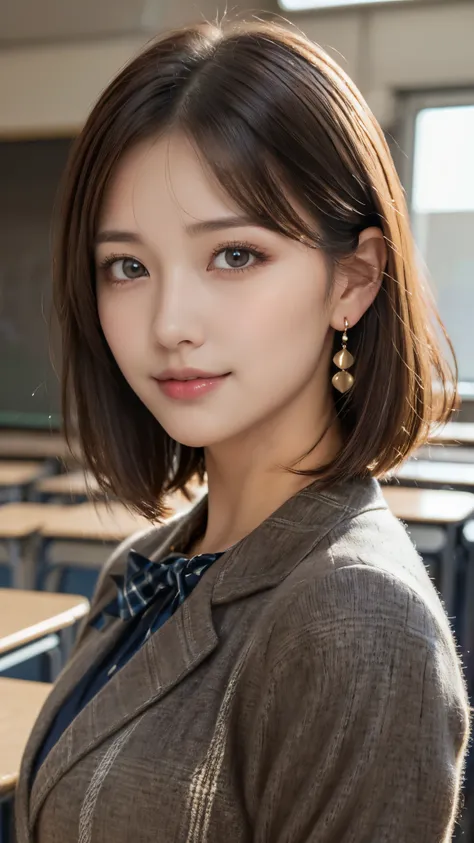 (A beautiful and cute high school girl in a school uniform is in a high school classroom during lunch break, She is wearing a blazer and a plaid pleated skirt as her uniform, with a ribbon accent around her collar:1.3), 
BREAK 
(Photorealistic, 32k, RAW ph...