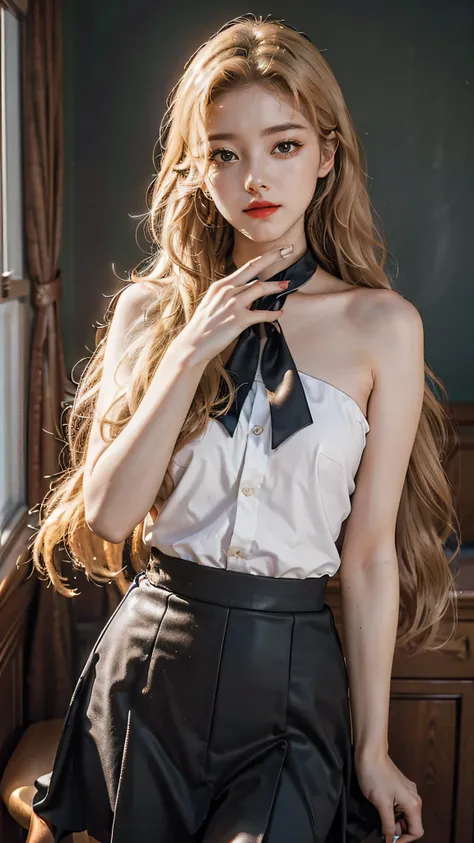 Girl wearing, luxury school uniform, shoulder length hair, wavy hair, expensive hair style, glowing skin, star in eye, red lips, crowded school background, cute poses , blonde hair.