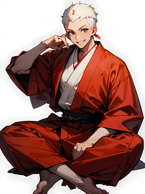 solo,fullbody, (indian style:1.2), male, (all shaved hair), big forehead,thin eyes, muscular body, male eyes, male nose, male mouth, Japanese white monk costume, grin, simple white background,