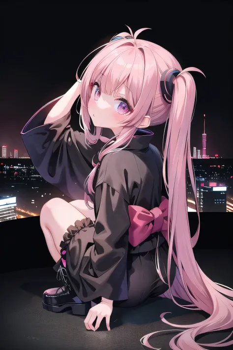 A petite girl with a Western look and beautiful features.　Painful expression　Pink hair in twin tails　Turn around、He is sitting on his butt and holding his head　Black yukata with black frills　Dark brown boots　The background is a cyberpunk cityscape