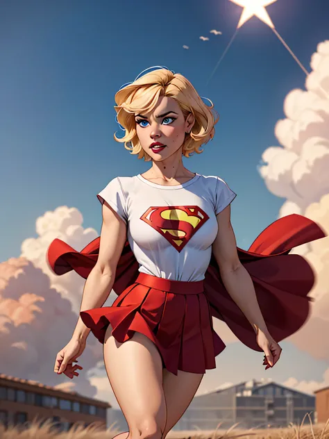 Girl with short blonde hair, blue eyes, wearing A tight white shirt with the Superman symbol, wearing a red skirt and a red cape