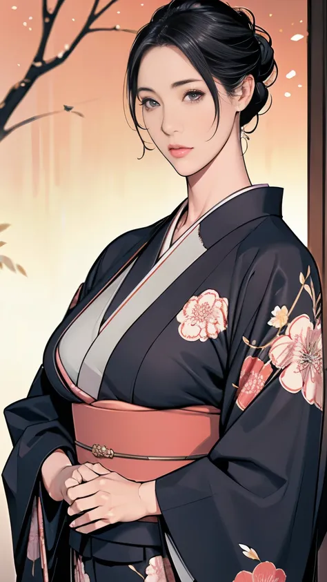 1,Japanese hairstyle,Photorealism,detailed,masterpiece,mature,((full)), (Broad shoulders), ((Huge)),Plus size mature women,expensive,30 years old,Pretty face, (Good looking woman),Beautiful long-sleeved kimono,kimono,Hold your chest with both hands:1,high ...
