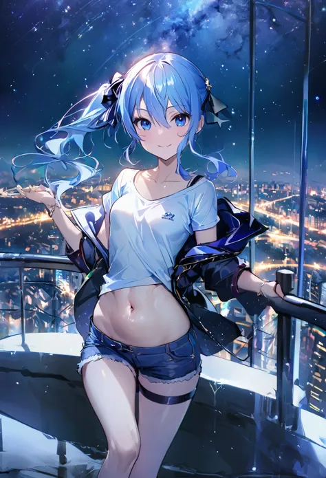 (8k、best image quality、highest quality、masterpiece)、detailed face、 1teen_girl、blue hair、long hair、sideponytail、dark_blue_eyes、sm...