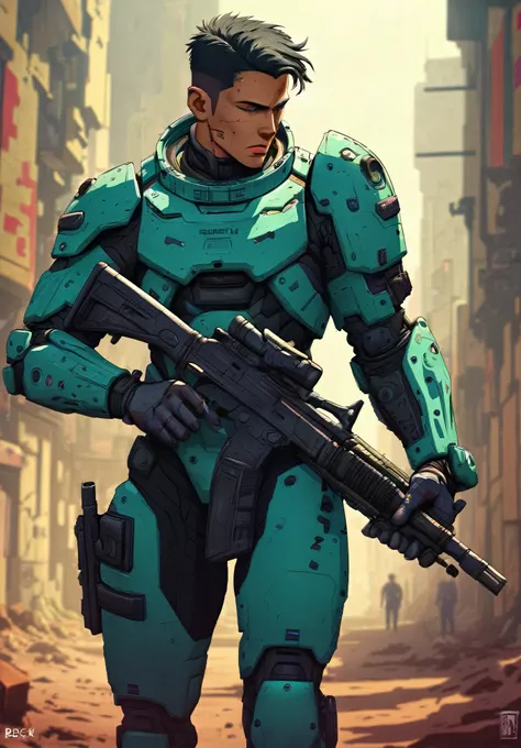 a man in a blue suit holding a gun in a city, futuristic soldier, sci-fi soldier, cyberpunk soldier, clothed in sci-fi military armor, detailed sci-fi art, mechanized soldier girl, epic sci - fi character art, epic sci-fi character art, epic scifi characte...