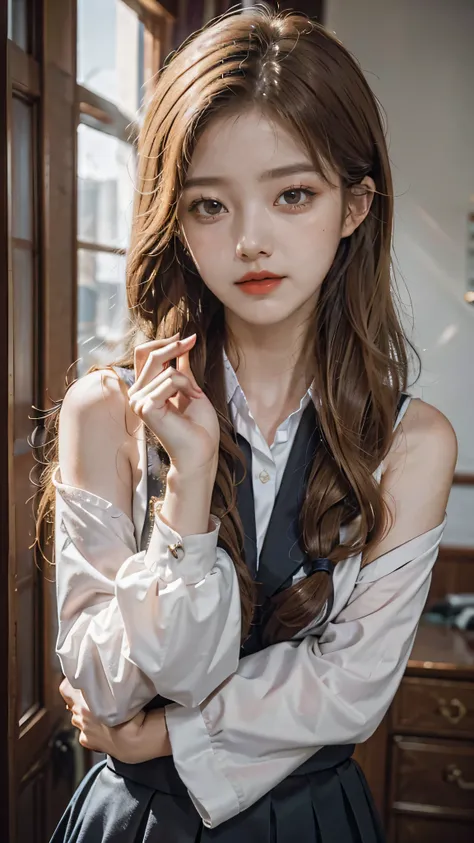 Girl wearing, luxury school uniform, shoulder length hair, wavy hair, expensive hair style, glowing skin, star in eye, red lips, crowded school background, cute poses , upper body,  blonde hair.