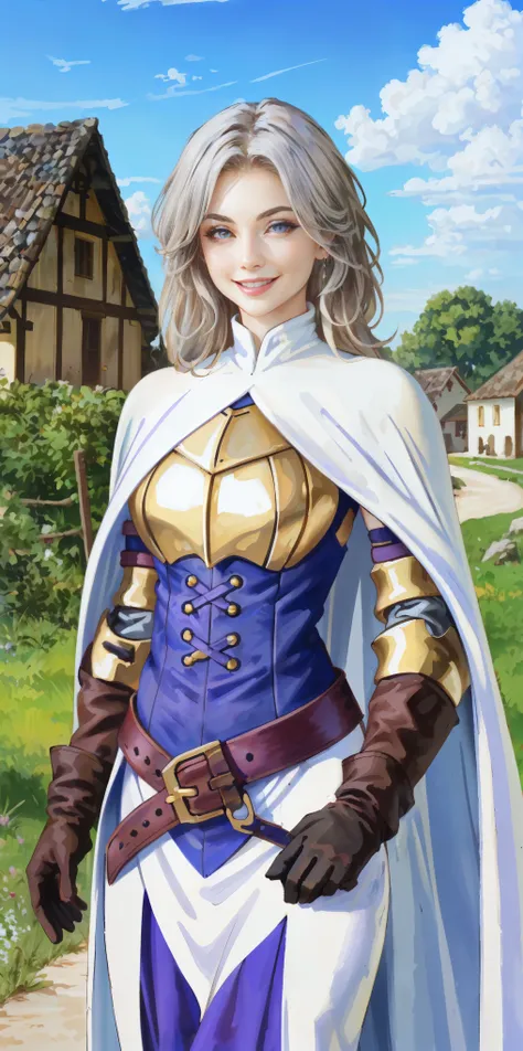 (Female chest covered)(smile) Gray skin, pale golden hair and violet eyes. She prefers clothing of white and silver with cloaks of deep blue or purple, village background, huge_knockers ((very precise detailed)) ((highres) (masterpiece, best quality), 1gir...