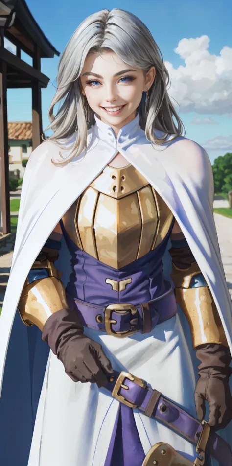 (Female chest covered)(smile) Gray skin, pale golden hair and violet eyes. She prefers clothing of white and silver with cloaks of deep blue or purple, village background, huge_knockers ((very precise detailed)) ((highres) (masterpiece, best quality), 1gir...