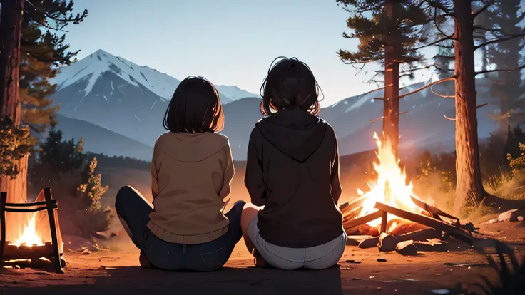 Three girls by a campfire looking ahead, They with their backs turned