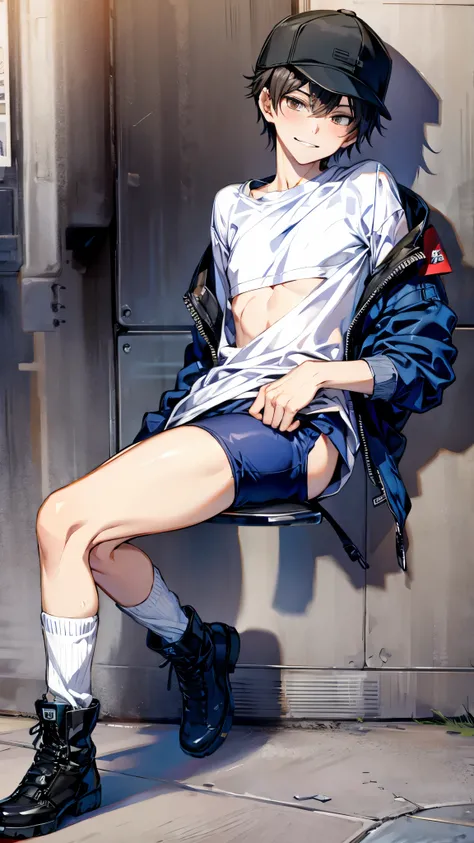 Inside the street,one 1 boy,fem boy,black short hair,slender body,((full body)),((flat chest)),sitting,sleepy,displeased,smirk,baseball cap,blue see-through shirt,bike shorts,(slouch socks),(boots).