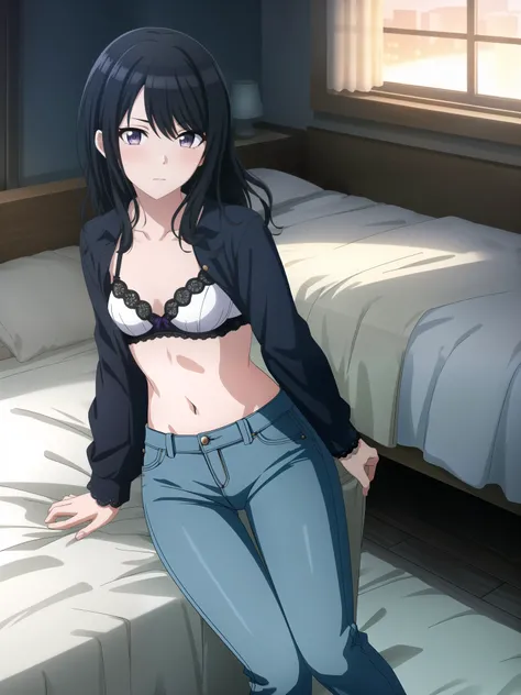 THE iDOLM@STER Shiny Colors, Hiori Kazano, detailed purple eyes, , 1 girl, medium hair, alone, hair between eyes,,,((undress denim pants)), 
beautiful long legs,Beautiful body,beautiful character design, perfect eyes, Perfect face,expressive eyes, looking ...