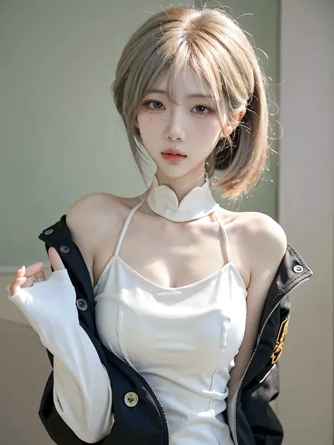 high quality，2k，Beautiful woman，Have a perfect body：1.4，Layered Hairstyle，Prominent cleavage，（（cheongsam：1.5）），whole body，Highly detailed face and skin texture，Eyelid Crease，Skin Whitening，Long white hair