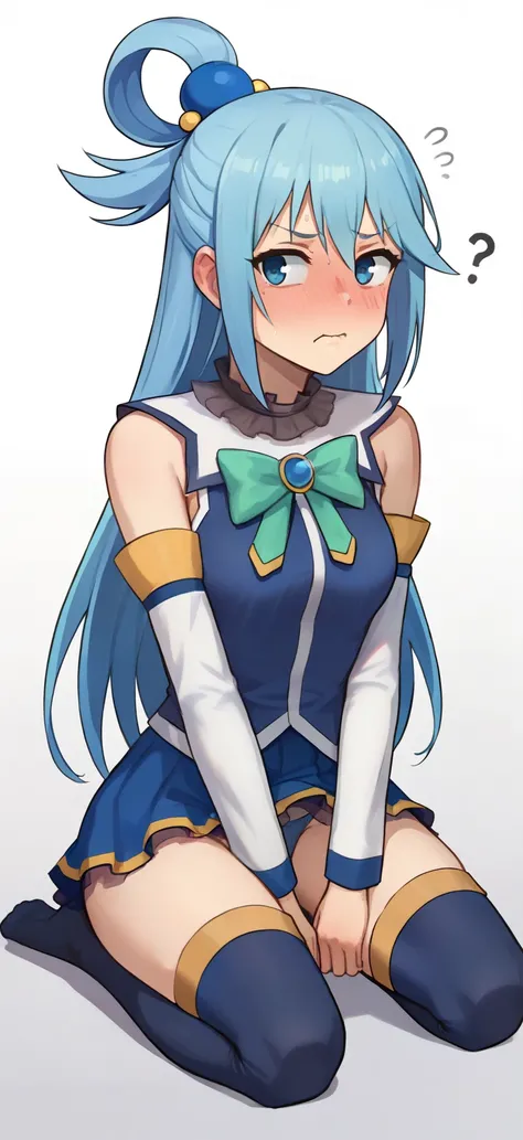 1girl, aqua (Konosuba), score_9, grumpy, blush, (embarrassed), (shy), ((absolutely white background)), (full body in view), look away ,((no skirt)), blue panties? slim waist, high, slender legs