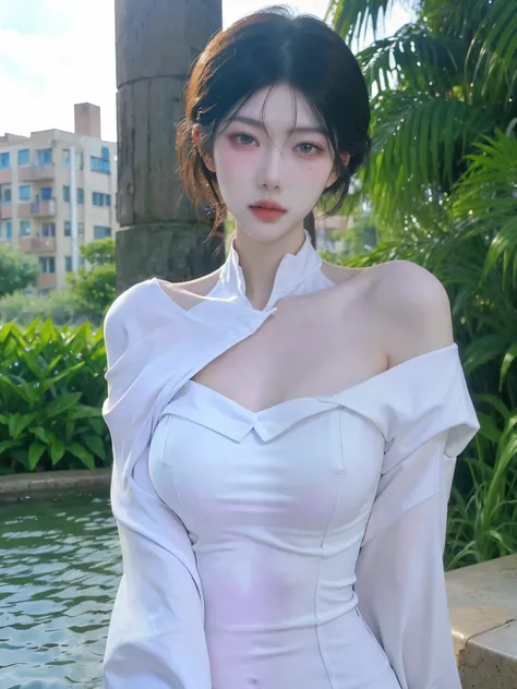 high quality，2k，Beautiful woman，Snow-white and translucent skin，Have a perfect body：1.4，Layered Hairstyle，Prominent cleavage，（（Bodysuit：1.5）），whole body，Highly detailed face and skin texture，Eyelid Crease，Skin Whitening，Long white hair