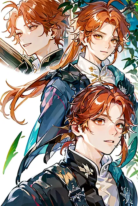 a red haired boy, medium long with his red eyes, Jewel-like orange and yellow. He is a boy who represents the element of fire.. She has medium long black earrings. he is muscular, with young adult features. The background is a green field.  All in Manhwa s...