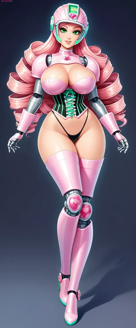 A beautiful sexy space girl with big breasts and long curly pink hair, her light green eyes are wearing a pink helmet with green protection, she is wearing a pink metallic corset with long sleeves and a black metallic thong, wearing long blue socks with a ...