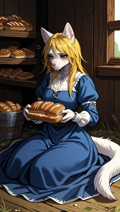 (zPDXL2), (PonyXLV6_Scores), source_anime, source_anthro, source_furry, Expressiveh, 

1girl, solo, woman, eating bread, Gnawing, tired expression, sadness, Yellow hair, White ears, White tail, blue color eyes, sat on the ground, medieval dress, wooden hou...