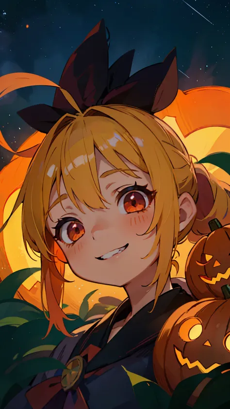 1 young girl、Blonde ponytail、Ahoge、Beautiful red eyes、jack o lantern、halloween、Grin、Upper body close-up、Colorful starry sky、Iridescent aura、Orange and green colour scheme、Outdoor、Shadow lighting