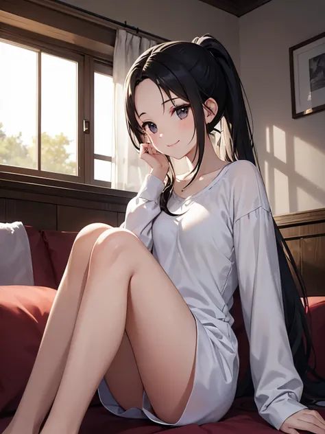 1 girl,Sitting in the living room of the orphanage, White pajamas,at night, black hair, hair parted in two,smile, looking away, forehead visible,Forehead visible,black eyes, long hair, ponytail,Background of orphanage