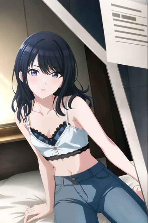 THE iDOLM@STER Shiny Colors, Hiori Kazano, detailed purple eyes, , 1 girl, medium hair, alone, hair between eyes,, ((white lace panties)),,((undress denim pants)), 
beautiful long legs,Beautiful body,beautiful character design, perfect eyes, Perfect face,e...