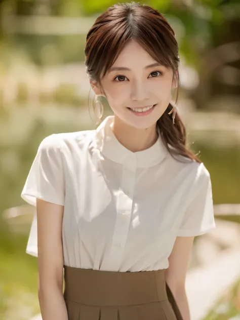 Masterpiece, high quality, high resolution, 8K, ((Skinny Japanese woman in a costume which consists of a short-sleeved white shirt and a light-brown long skirt)), beautiful face, natural makeup, detailed face, detailed eyes, a photo that feels endearing