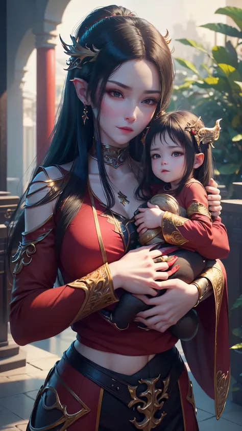 a beautiful young woman in a traditional chinese fantasy outfit, (((holding a baby girl))), both with long black hair and hair decorations, smiling lovingly, anatomically correct, craftsmanship, (best quality,4k,8k,highres,masterpiece:1.2),ultra-detailed,(...