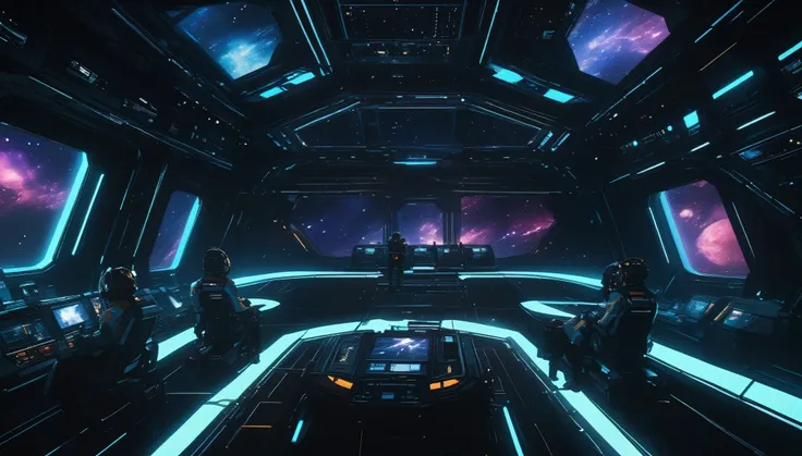 4k details, Space opera anime scene of a crew aboard their spaceship overlooking a distant galaxy, the vastness of space contrasted with the detailed interior of the ship, digital composition, trending on ArtStation.
