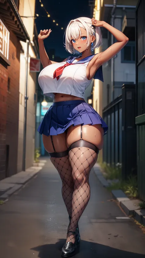 ((8k,highest quality、very tall、voluptuous schoolgirl))、(gigantic tits，thick thighs、big hips、very long legs、short hair、arm up:1.3...