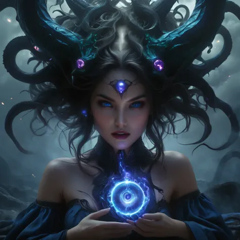 (best quality,4k,8k,highres,masterpiece:1.2),ultra-detailed,(realistic,photorealistic,photo-realistic:1.37),Giant demons with three faces from another dimension summoned from the magic circle, cosmic horror, deformed heads with tentacles and twisted horns,...