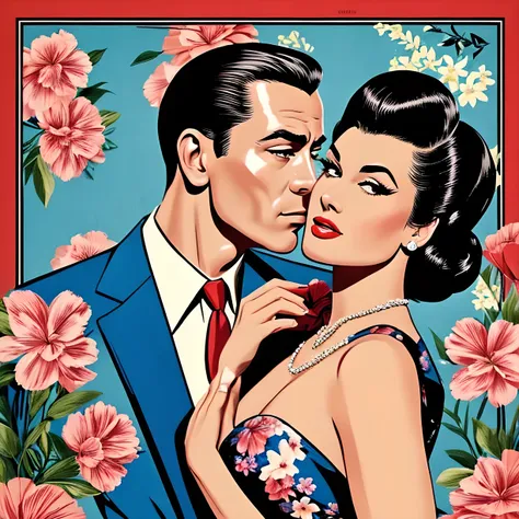 A beautiful and sophisticated lady and side part hairstyle handsome gentleman,  Art Van Damme Quintet Like the record cover of "Martini Time", Cool handsome gentleman and  Retro Hairstyles lady about to kiss, floral organza frocks, Cocktail Glass, 1950s re...