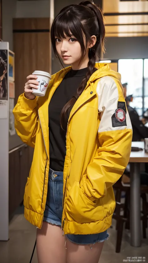 A woman wearing a yellow jacket and holding a coffee cup, extremely detailed ArtJam, Anime girl drinking energy drink, Senna from League of Legends, lovely Bridget from Overwatch, Bridget from Overwatch, ruan jia and ArtJam, trending ArtJam, Faye Valentine...