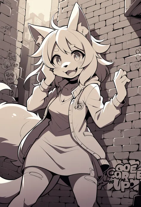 rating_safe, score_9, score_8_up, score_7_up, score_6_up, score_5_up, score_4_up, source_furry, highres, e621, cover page, laughing, perfect anatomy, lineart, monochrome, 1girl, kemono, furry, anthro, choker, shirt, torn legwear, open jacket, against wall,...