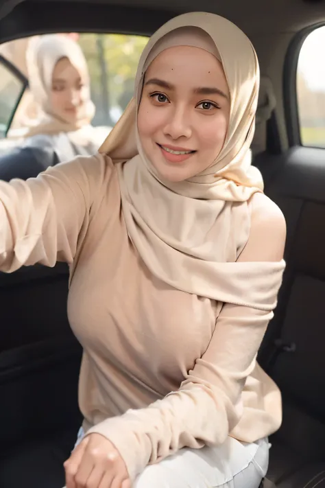 1 lady, 20 years old, best body,  wearing pink hijab, hijab covers whole hair, wearing brown sweater, off shoulder, warm lighting , sitting in car, seat belt, night time, casual wear, close shot, shot from high angle, wearing big necklace, shiny skin, big ...