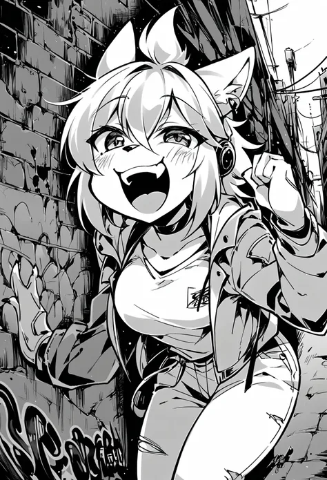 rating_safe, score_9, score_8_up, score_7_up, score_6_up, score_5_up, score_4_up, source_furry, highres, e621, cover page, laughing, perfect anatomy, lineart, monochrome, 1girl, kemono, furry, anthro, choker, shirt, torn legwear, open jacket, against wall,...