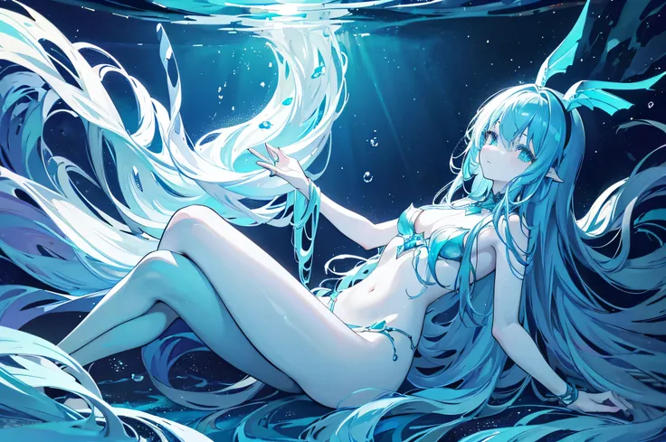 A mysterious deep-sea mermaid swimming gracefully in the dark depths of the ocean. Her skin has bioluminescent patterns that pulse with a soft, ethereal glow, illuminating the surrounding water. Her eyes are large, glowing with a hypnotic gradient of color...